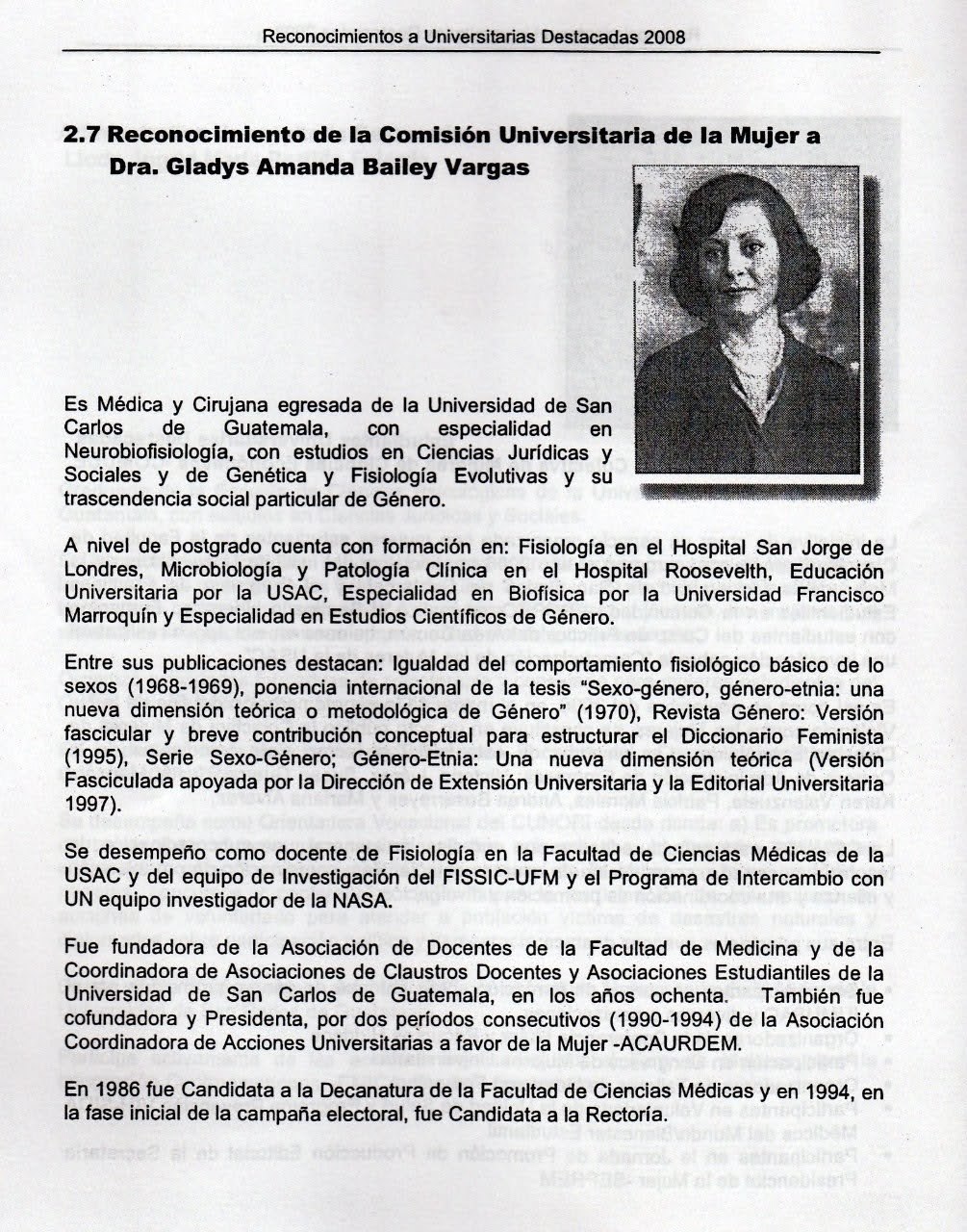Documento de reconocimiento a Gladys Amanda Bailey Vargas